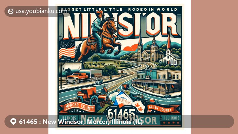 Modern illustration of New Windsor, Mercer County, Illinois, showcasing village charm and connectivity, featuring Illinois Route 17, 'Biggest Little Rodeo In The World,' and airmail postal theme with ZIP code 61465.