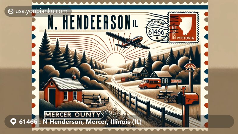Modern illustration of N Henderson, Mercer County, Illinois, reflecting rural charm and abundant natural beauty, featuring a vintage air mail envelope with Illinois state flag stamp and '61466 N Henderson, IL' marking.