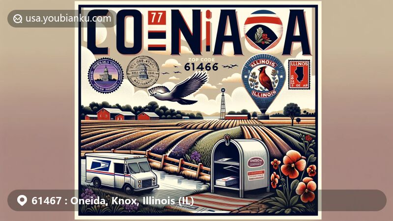 Modern illustration of Oneida, Knox County, Illinois, showcasing postal theme with ZIP code 61467, featuring rural landscape, Illinois silhouette, vintage stamps, and classic postal elements.