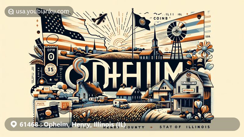 Creative postcard design representing Opheim, Henry County, Illinois, with ZIP code 61468, showcasing rural allure and American postal tradition in a modern style.