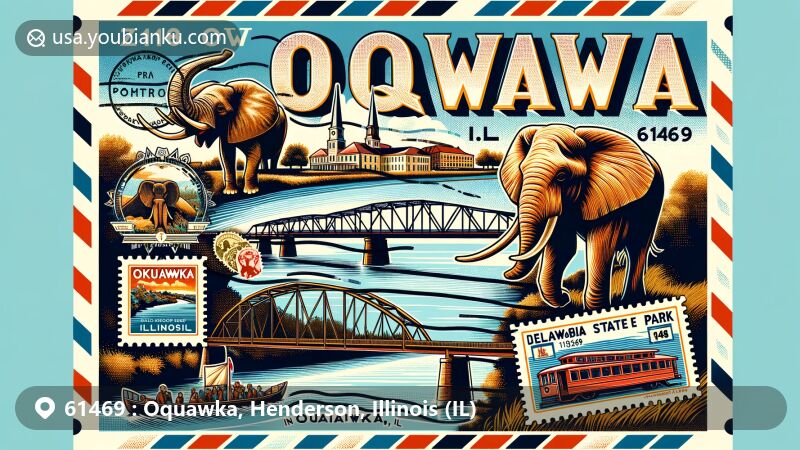 Modern illustration of Oquawka, Henderson County, Illinois, featuring postal theme with ZIP code 61469, showcasing Norma Jean the Elephant Memorial, Delabar State Park, the Mississippi River, and Covered Bridge (Wagon Bridge).