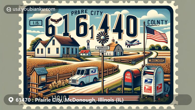 Modern illustration of Prairie City, McDonough County, Illinois, blending rural charm with postal themes, showcasing prairie landscape, small-town street view, Illinois state flag, vintage mailbox, and postal delivery vehicle.