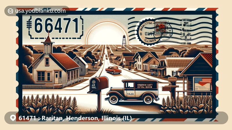 Modern illustration of Raritan, Henderson County, Illinois, featuring postal theme with ZIP code 61471, showcasing local history and rural landscapes.