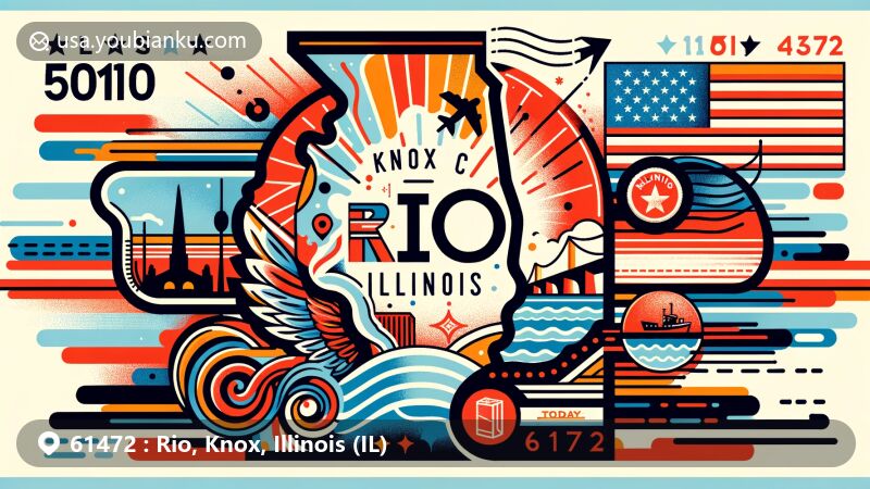 Modern illustration of Rio, Knox County, Illinois, highlighting postal theme with ZIP code 61472, featuring Illinois state flag and postal elements.