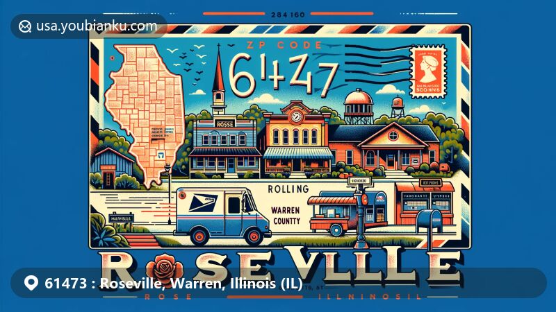Modern illustration of Roseville, Warren County, Illinois, highlighting ZIP code 61473 and American small town charm, featuring airmail envelope with postal theme elements.