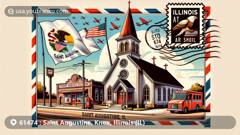 Modern illustration of Saint Augustine, Knox County, Illinois, with postal theme for ZIP code 61474, featuring historic church, Perry Service Station, and Illinois state flag.