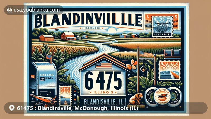 Modern illustration of Blandinsville, McDonough County, Illinois, showcasing Midwest landscapes and agricultural beauty with air mail envelope displaying ZIP code 61475, featuring iconic landmarks and Illinois state symbols.