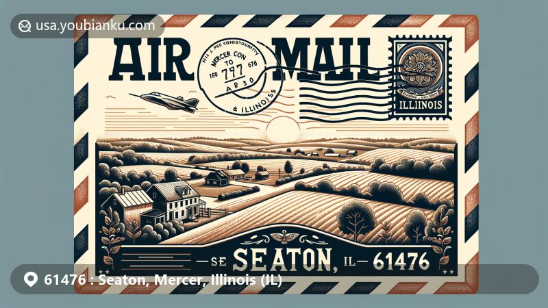 Modern illustration of Seaton, Mercer County, Illinois, highlighting vintage air mail envelope with ZIP code 61476 and rural landscape, including traditional main street and Illinois state symbols.
