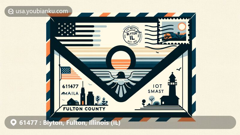 Contemporary illustration of Blyton, Fulton County, Illinois, highlighting air mail envelope with state flag, 61477 ZIP code, and Blyton silhouette, adorned with postage stamp featuring Fulton County landmark, in harmonious color scheme.