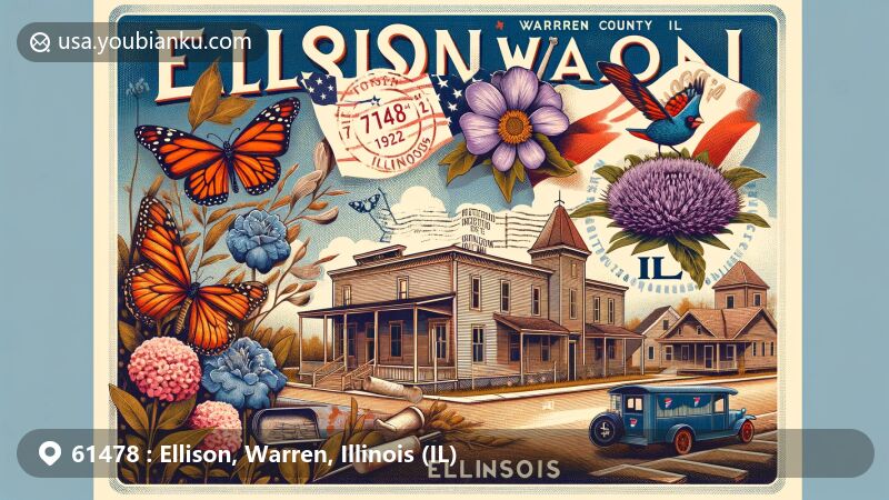 Modern illustration of Ellison, Warren County, Illinois, blending historical and postal elements with Illinois state symbols - violet, northern cardinal, monarch butterfly, white oak, and state flag, incorporating vintage postcard layout, ZIP code 61478 stamp, postmark, and postal icons.