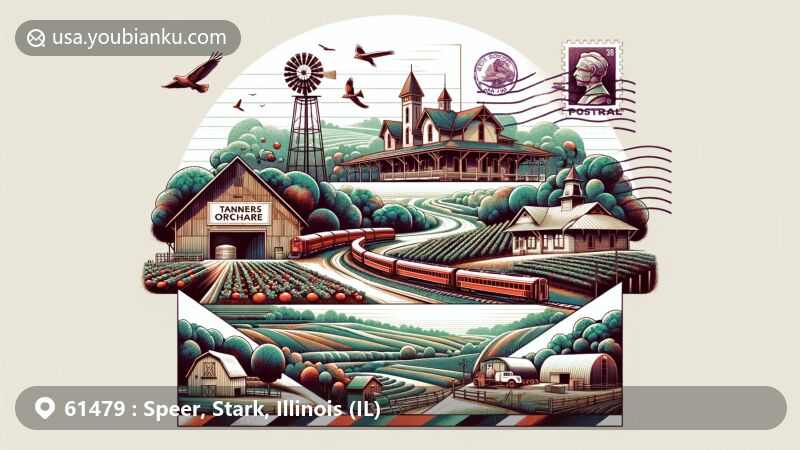 Modern illustration of Tanners Orchard, a historic train station, and scenic landscapes in Speer and Stark County, featuring postal theme with ZIP code 61479, postmark, and stamp.