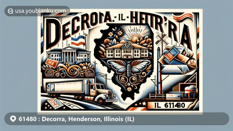 Modern illustration of Decorra, Henderson County, Illinois, with a stylized map outline and postal theme for ZIP code 61480, depicting local heritage and connection to postal services.