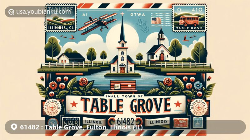 Modern illustration of Table Grove, Illinois, highlighting postal theme with ZIP code 61482, featuring decorative airmail envelope adorned with stamps and postmarks, incorporating symbols of Illinois and serene Midwest small town landscape.