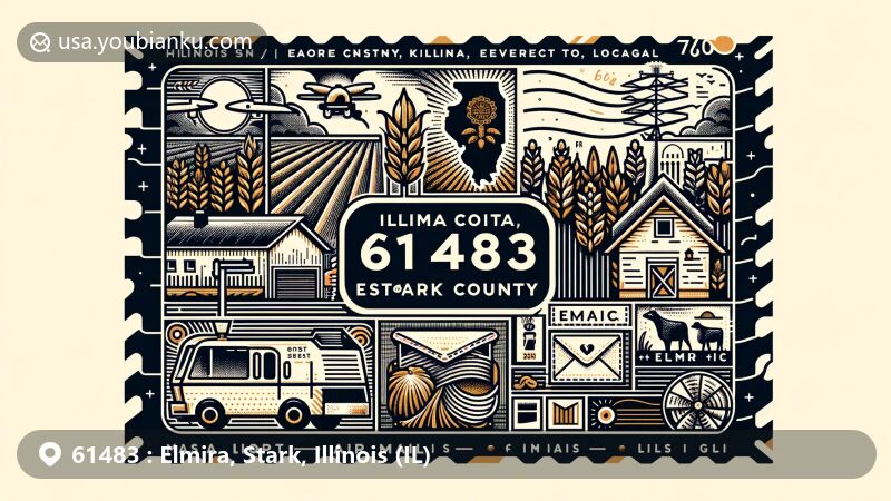 Modern illustration of Elmira, Stark County, Illinois, incorporating Illinois state symbols, Stark County outline, agricultural elements, and postal theme with ZIP code 61483.