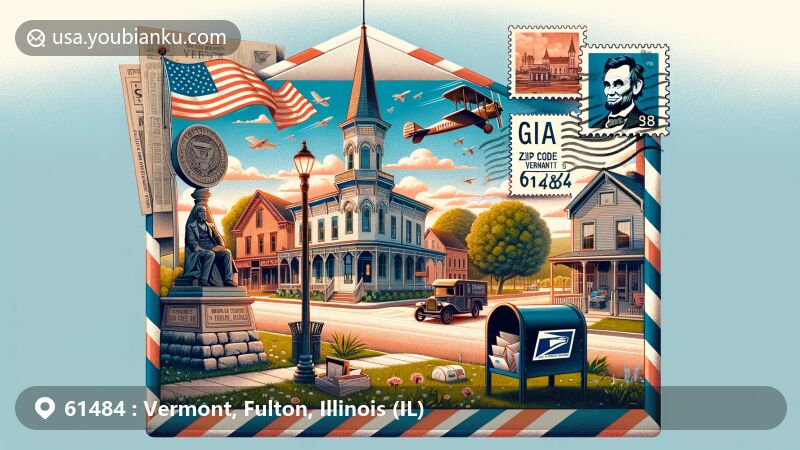Modern illustration of Vermont, Fulton, Illinois, showcasing late 19th-century architectural style and postal culture with airmail envelope, Abraham Lincoln plaque, stamp, postmark, mailbox, and mail truck.