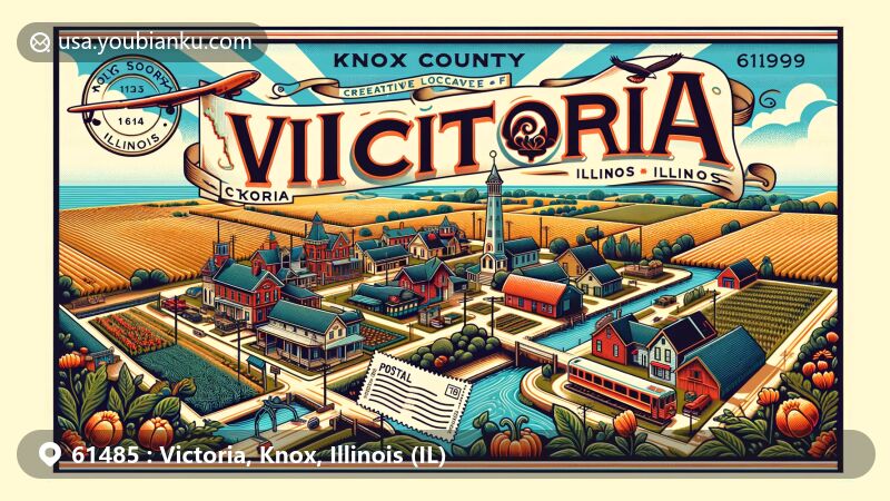Modern illustration of Victoria Village, Knox County, Illinois, featuring postal theme with ZIP code 61485, showcasing local farmland, flora, fauna, and unique landmarks. Integrates vintage postcard layout, stamps, and postmark, celebrating local character and Illinois context.