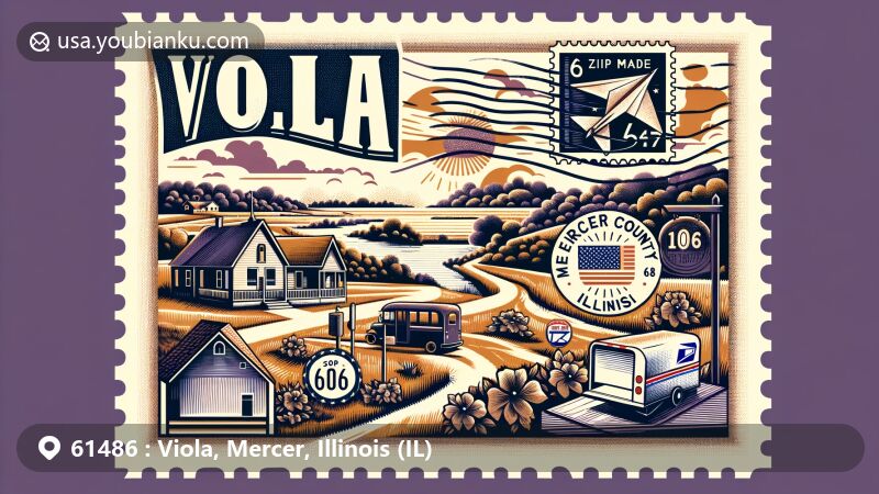 Modern illustration of Viola, Mercer County, Illinois, blending postal themes with local charm and scenic beauty, featuring U.S. Route 67 and Illinois Highway 17 crossroads.