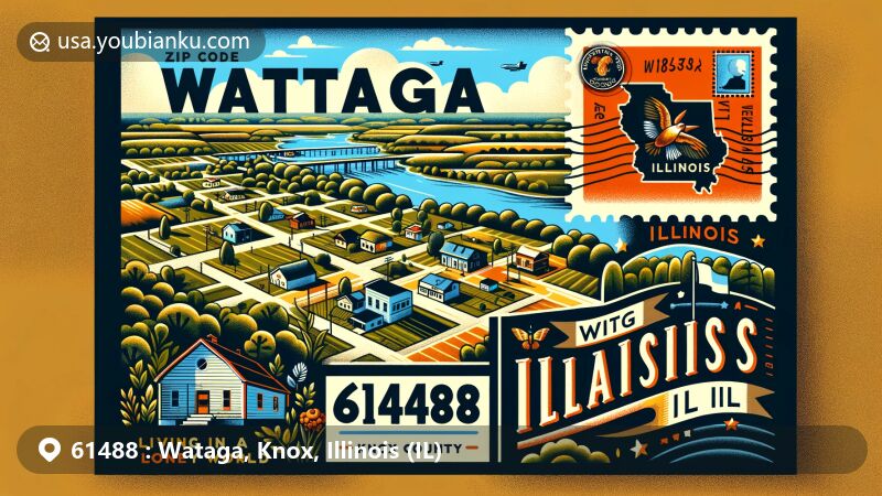 Modern illustration of Wataga, Illinois, in Knox County, showcasing postal theme with ZIP code 61488, featuring Illinois state flag and Knox County outline.