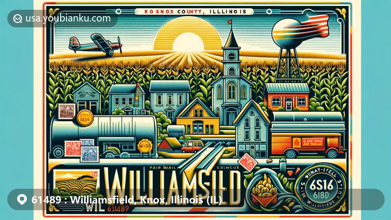 Modern illustration of Williamsfield, Knox County, Illinois, featuring local landmarks and postal elements, including cornfields and vintage air mail envelope, stamps, and postmark with ZIP code 61489.