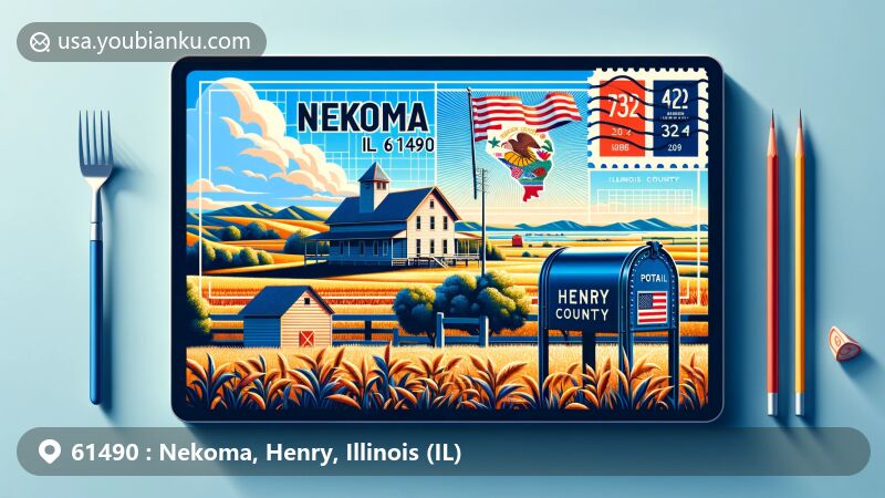 Modern illustration of Nekoma, Henry County, Illinois, displaying a rural Midwest landscape with postcard featuring 'Nekoma, IL 61490' and Illinois flag, emphasizing postal and rural elements.