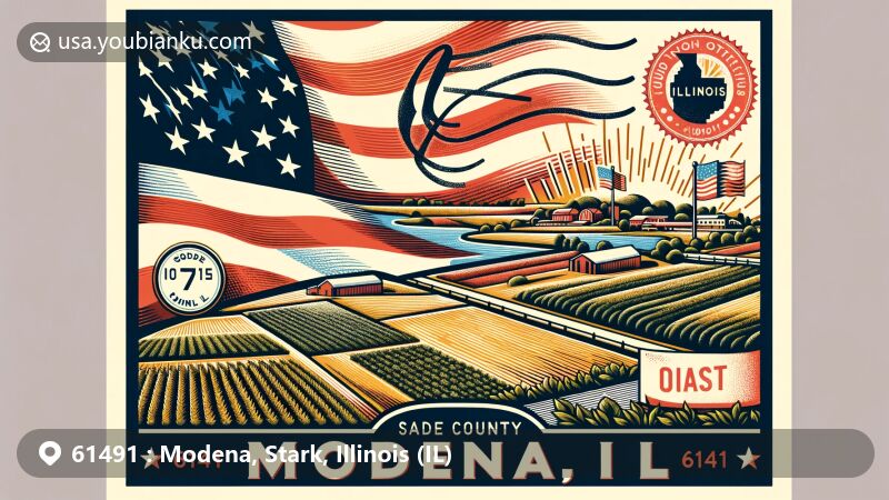 Modern illustration of Modena, Illinois, featuring picturesque agricultural scenery of Stark County with United States flag, vintage stamp, and postmark, representing ZIP code 61491.