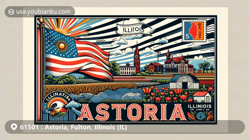 Modern illustration of Astoria, Illinois, showcasing postal theme with ZIP code 61501, featuring state flag, Midwestern landscapes, and symbolic buildings.