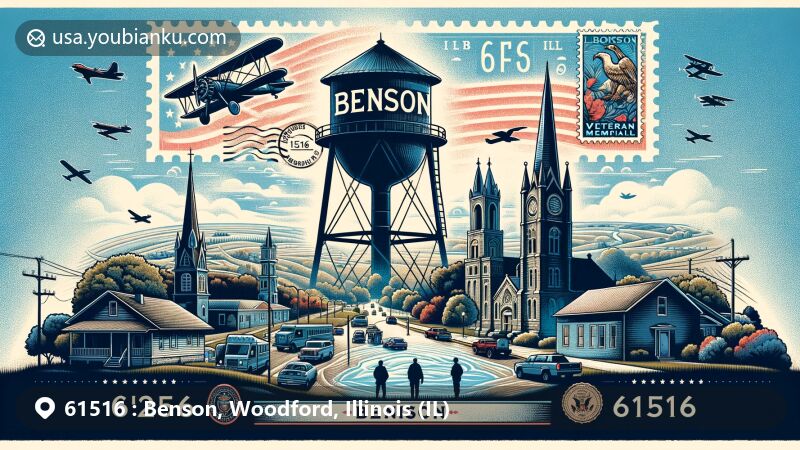 Modern illustration of Benson, Illinois, showcasing historical elements like Benson Water Tower, Veterans Memorial Park, Benson American Legion, and silhouettes of key churches. Postal theme includes postmark, stamps, and ZIP Code 61516 in a postal-themed frame.