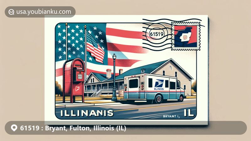 Modern illustration of Bryant, Fulton County, Illinois, showcasing postal theme with ZIP code 61519, featuring Illinois state flag and town scene with mailbox and postal vehicle.