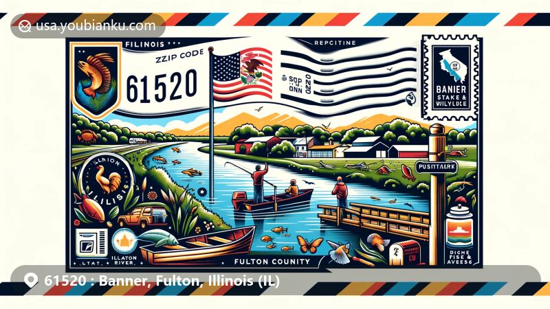 Modern illustration of Banner, Fulton County, Illinois, featuring postal theme with ZIP code 61520, incorporating Illinois state flag, landmarks like Illinois River, Banner Marsh, Rice Lake State Fish & Wildlife Areas, and outdoor activities. Vibrant colors, postal service elements included.