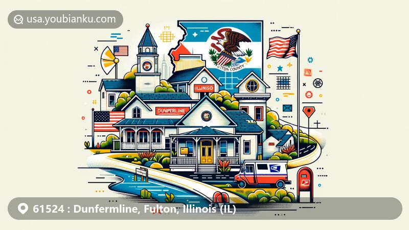 Modern illustration of Dunfermline, Fulton County, Illinois, with Illinois state flag, Fulton County outline, and postal elements like postage stamp, postmark, and ZIP code 61524, depicting postal service essence.