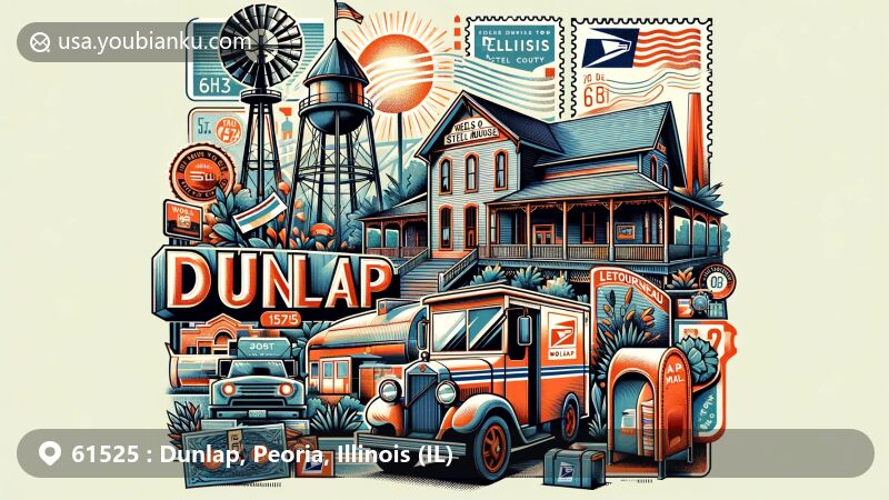 Modern illustration of Dunlap, Illinois, highlighting postal theme with ZIP code 61525, featuring Wheels O' Time Museum and LeTourneau Steel House.