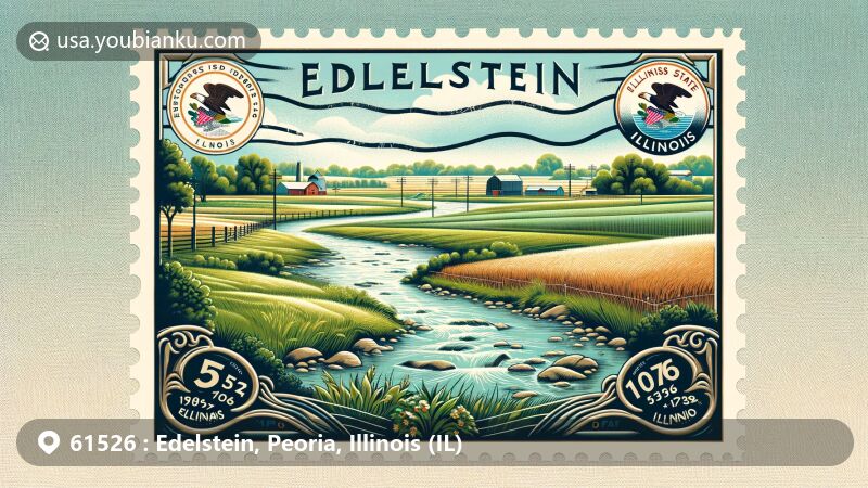 Serene countryside illustration of Edelstein, Illinois, in Peoria County, showcasing natural beauty, fields, stream, rural buildings, and Illinois state flag with ZIP code 61526 in postage stamp frame.