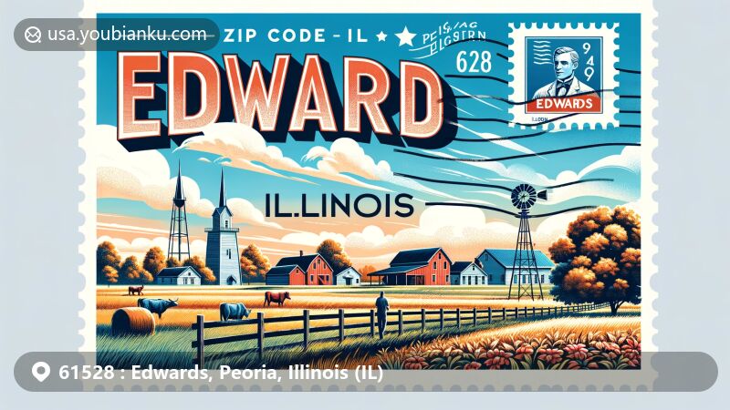 Modern illustration of Edwards, Peoria County, Illinois, inspired by ZIP code 61528, featuring Sommer Farm's rolling meadows, prairies, and farmland. Depicts local history and connection to Chicago, Burlington, and Quincy Railroad. Includes stamp, postmark with 'Edwards, IL 61528,' and rural landscape.