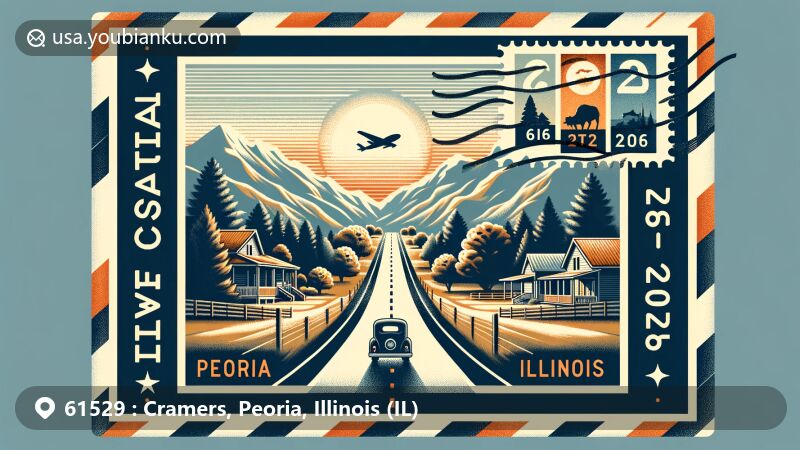 Modern illustration of Cramers, Peoria County, Illinois, featuring scenic drive and airmail envelope with Illinois state flag and Peoria County silhouette.