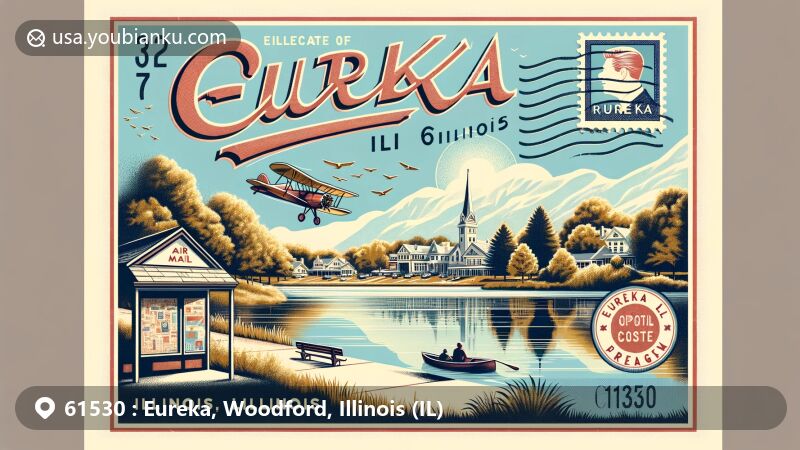 Modern illustration of Eureka, Illinois, in ZIP code 61530, featuring Eureka Lake Park, Eureka College, and postal theme with vintage air mail envelope, Ronald Reagan stamp, and 'Eureka, IL 61530' postmark.