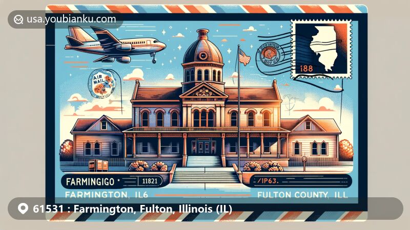 Modern illustration of Farmington, Illinois, showcasing postal theme with ZIP code 61531, highlighting the Farmington Historical Society and Museum, Illinois state symbols, and vintage air mail envelope design.