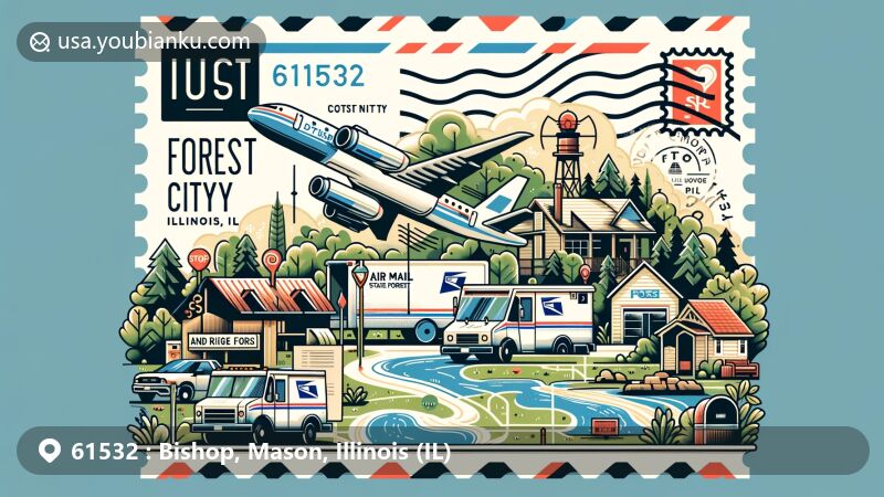 Modern illustration of Forest City, Mason County, Illinois, incorporating postal theme with ZIP code 61532, featuring air mail envelope and postage stamp, showcasing Sand Ridge State Forest and small-town community vibe.