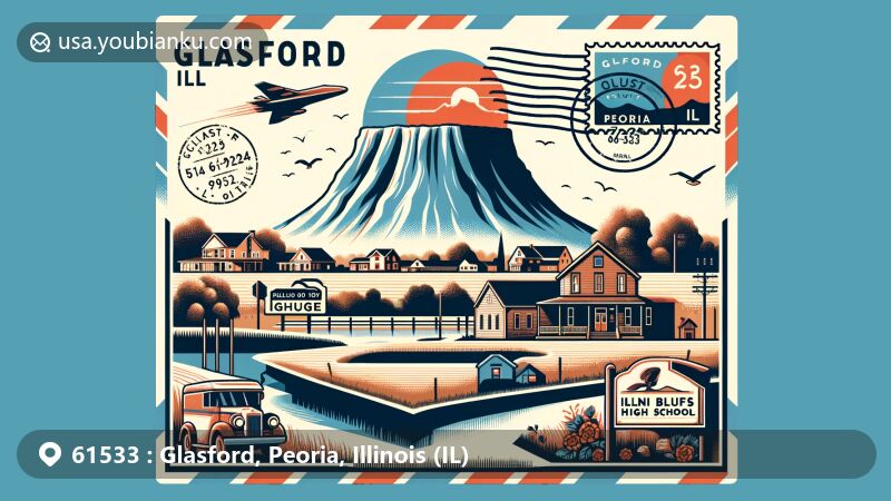 Modern illustration of Glasford, Peoria County, Illinois, highlighting ZIP code 61533 and showcasing village charm with Illini Bluffs High School sign, Glasford crater geography, vintage postal elements, and Peoria County outline.