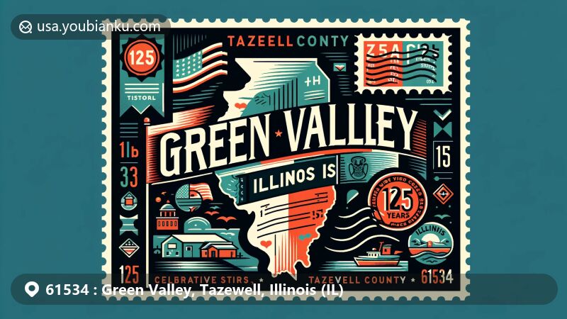 Modern illustration of Green Valley area in Tazewell County, Illinois, with ZIP code 61534, featuring local geography, historical significance, and postal themes.