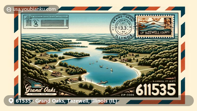 Modern illustration of Grand Oaks, Tazewell County, Illinois, creatively displayed in a vintage airmail envelope with Illinois state flag and postage stamp, showcasing Grand Oaks Lake and lush Tazewell County landscapes.