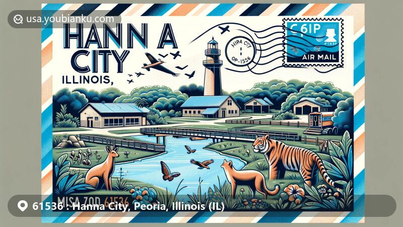 Modern illustration of Hanna City, Illinois, showcasing Wildlife Prairie Park within a postcard design, featuring postal elements and ZIP code 61536.