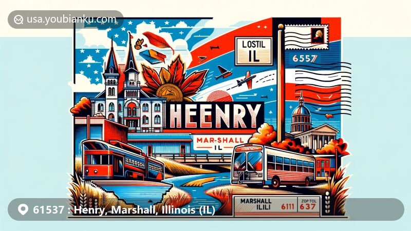 Creative illustration of Henry, Marshall County, Illinois, showcasing ZIP code 61537, featuring Illinois state flag, Marshall County outline, and local landmark. Includes postal elements like postage stamp and postmark.