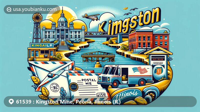 Modern illustration of Kingston Mines, Illinois, highlighting postal theme with ZIP code 61539, featuring Illinois River and Peoria symbols.