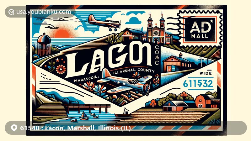 Modern illustration of Lacon, Marshall County, Illinois, displaying a postcard theme with air mail envelope design, showcasing the Illinois River, Marshall County Historical Society & Museum, and agricultural landscapes.