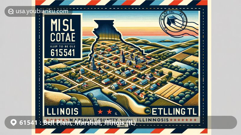 Modern illustration of La Rose, Marshall County, Illinois, presenting village within Marshall County outline on Illinois map, showcasing rural landscapes and symbols, designed as vintage postcard with airmail border, integrating postal elements and highlighting ZIP code 61541.