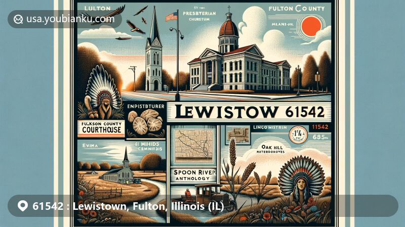 Modern illustration of Lewistown, Fulton County, Illinois, with ZIP code 61542, featuring Fulton County Courthouse, 1st Presbyterian Church, Dickson Mounds Museum, Emiquon National Wildlife Refuge, Oak Hill Cemetery, and vintage postal elements.
