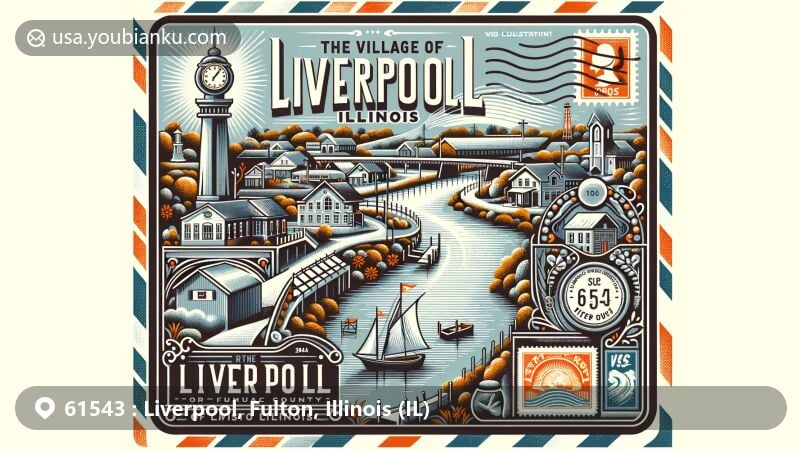 Modern illustration of Liverpool, Illinois, featuring air mail envelope theme with postal elements and ZIP code 61543, capturing village's proximity to Peoria and serene setting along Illinois River.