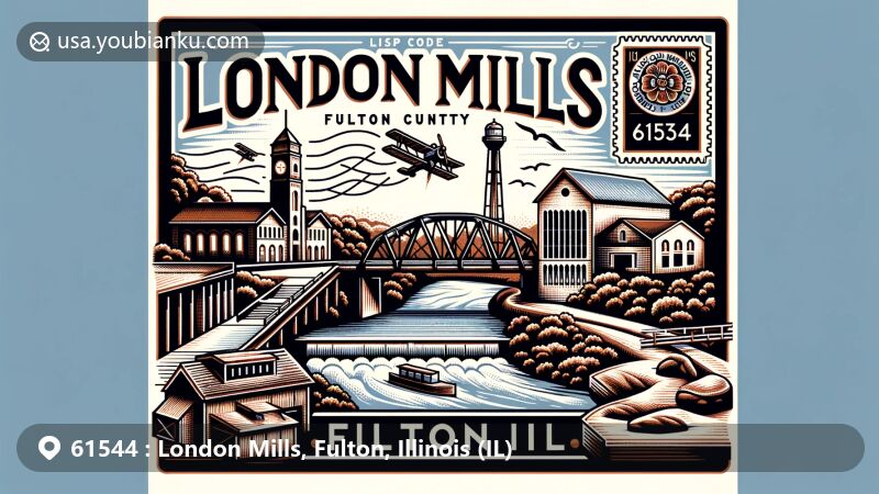 Modern illustration of London Mills, Fulton County, Illinois, showcasing historical London Mills Bridge over Spoon River, with postal themes like airmail envelope, stamp, postmark, and ZIP code 61544.