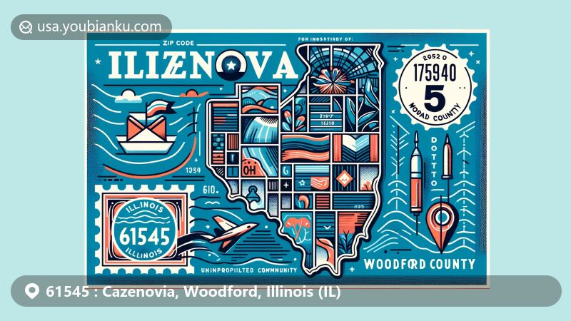 Modern illustration of Cazenovia, Woodford County, Illinois, featuring postal theme with ZIP code 61545, incorporating map outline of Illinois and iconic landmarks.