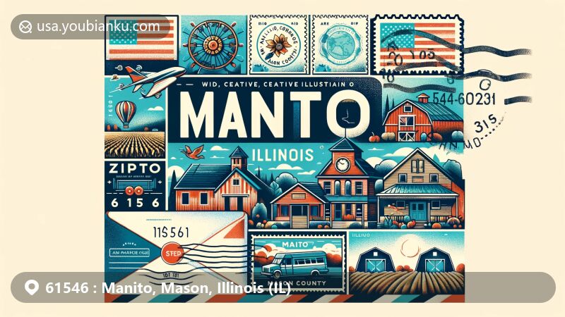 Modern illustration of Manito, Mason County, Illinois, showcasing postal theme with ZIP code 61546, featuring rural charm, small-town atmosphere, agriculture, and proximity to Peoria.